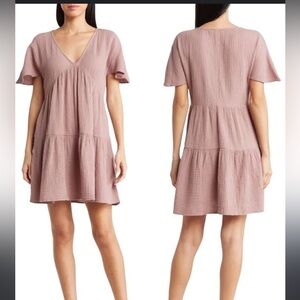 Madewell Lightspun Popover Tiered Mini Dress Mauve Shadow Size XS